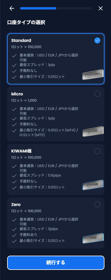 口座タイプを選ぶ画面。Standard・Micro・KIWAMI極・Zeroの4種類